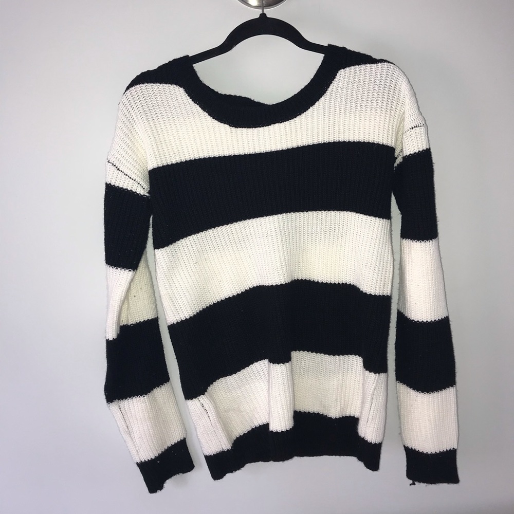 Black and white striped crew neck sweater
